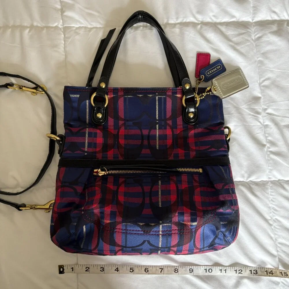 Coach Poppy 2way Shoulder Bag Red Blue Tartan Plaid Signature Canvas Patent Trim